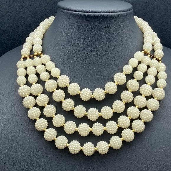 Vintage Jewelry - Statement Necklace Beaded Pearl Cluster Bib Multistrand Glam Copper Gold